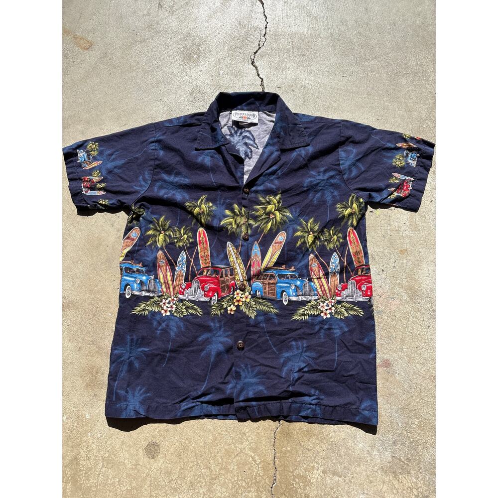 Pacific Legend Hawaiian shirt Woody surfboard cars vintage 90s USA made youth L